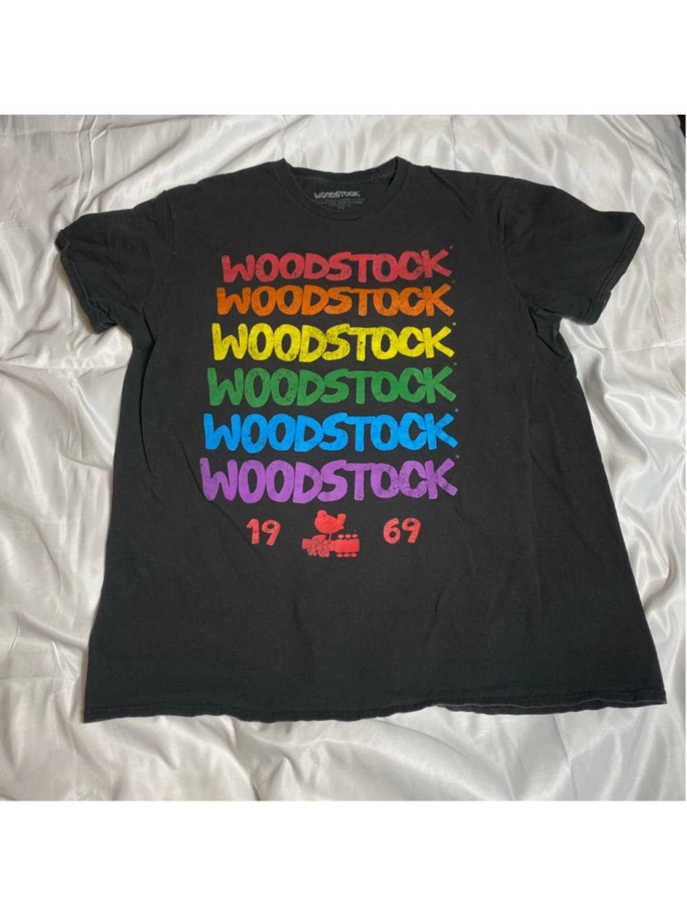 Men's Woodstock Black Rainbow Graphic Short Sleeve Tee L